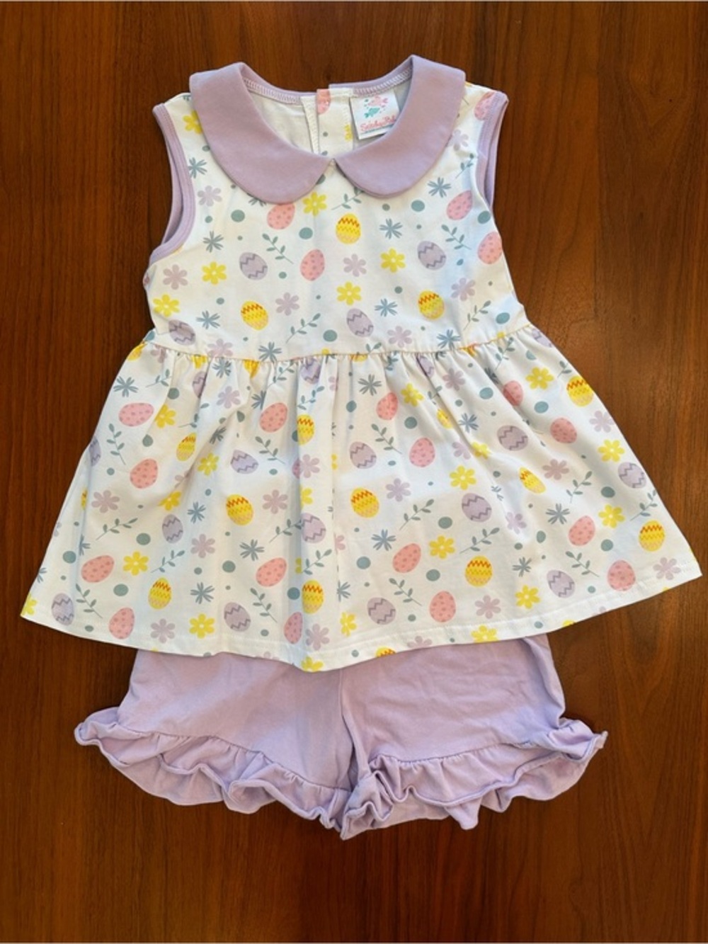 Stitchy Fish Easter Pastel Egg Print Girls Set with Lilac Collar size 5